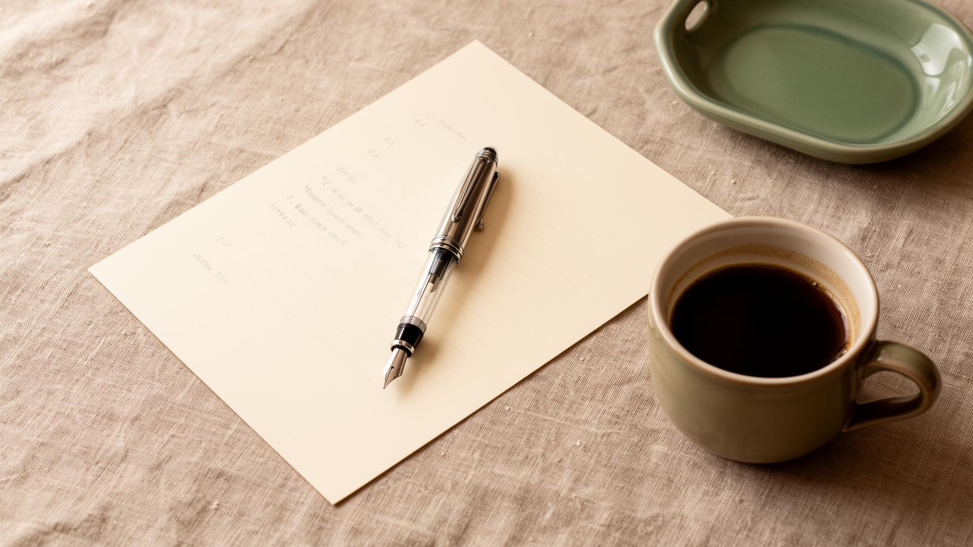 A typed page, fountain pen, and morning coffee on linen