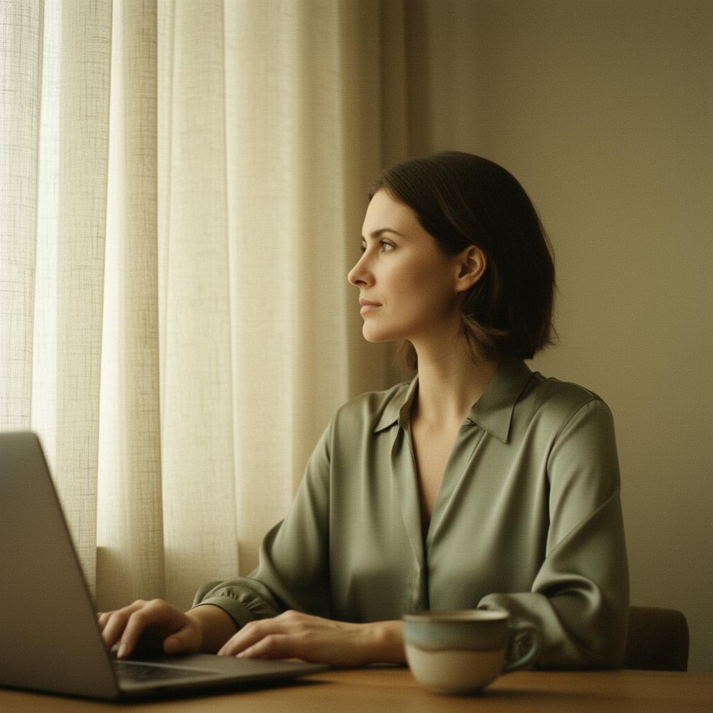 A composed professional at a window, considering her next message