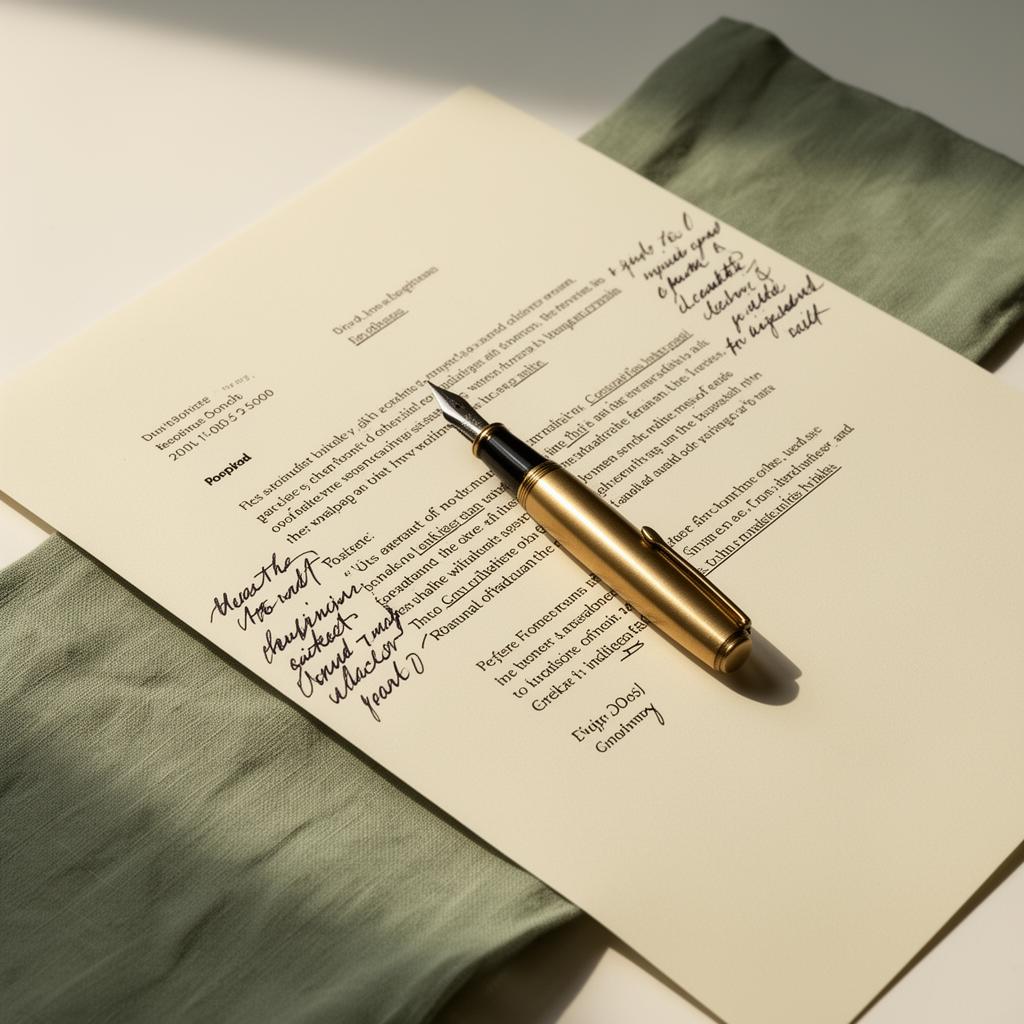 A fountain pen resting on a printed proposal with handwritten margin notes