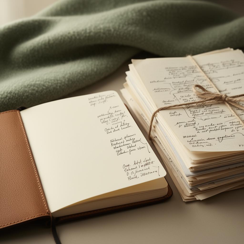 A leather notebook open with handwritten notes beside a stack of annotated documents tied with linen string